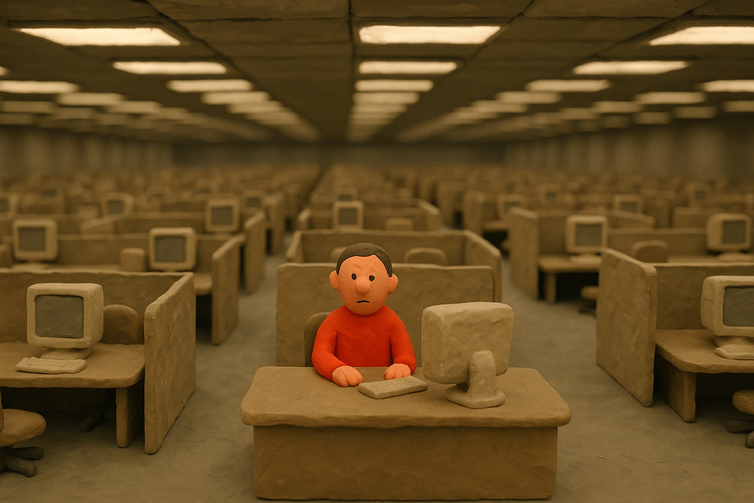 A claymation sea of identical beige cubicles; one lone worker in an orange jumper sits in the middle