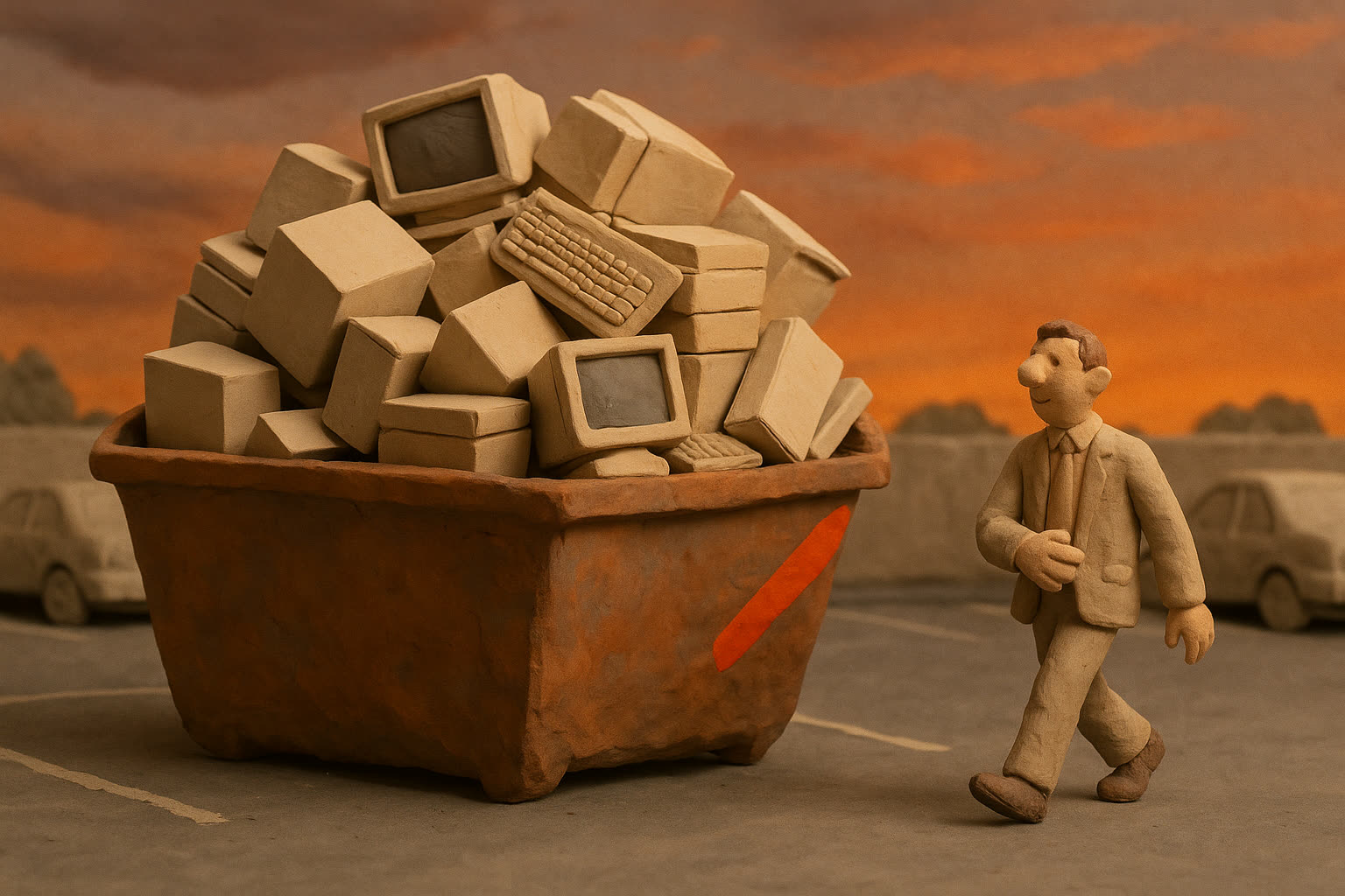A skip overflowing with beige enterprise software boxes and CRT monitors; a worker walks away satisfied