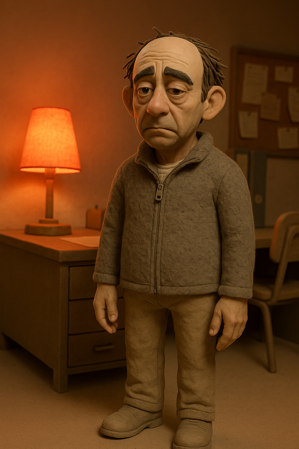 Dave, a weary human-like claymation man, standing in a lamp-lit beige office