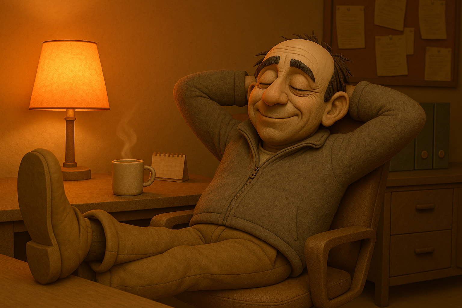 Dave leaning back at his desk, feet up, eyes closed in bliss while the office runs itself